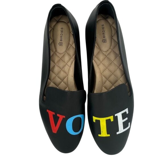 BIRDIES Limited Edition VOTE Black Leather Loafers Flats Womens 10.5 Rare NWOB - Picture 2 of 12